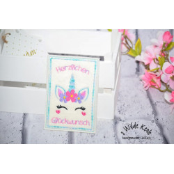 Stickdatei ITH - Postkarte Dreaming Unicorn Herzlichen Glückwunsch